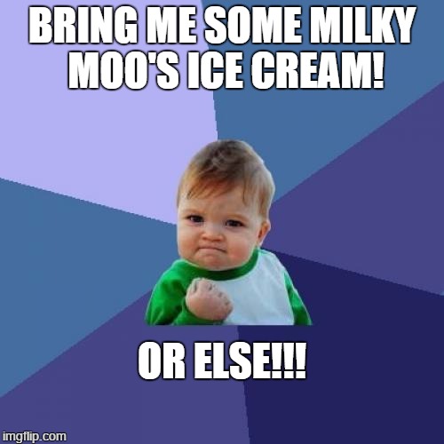 Success Kid Meme | BRING ME SOME MILKY MOO'S ICE CREAM! OR ELSE!!! | image tagged in memes,success kid | made w/ Imgflip meme maker
