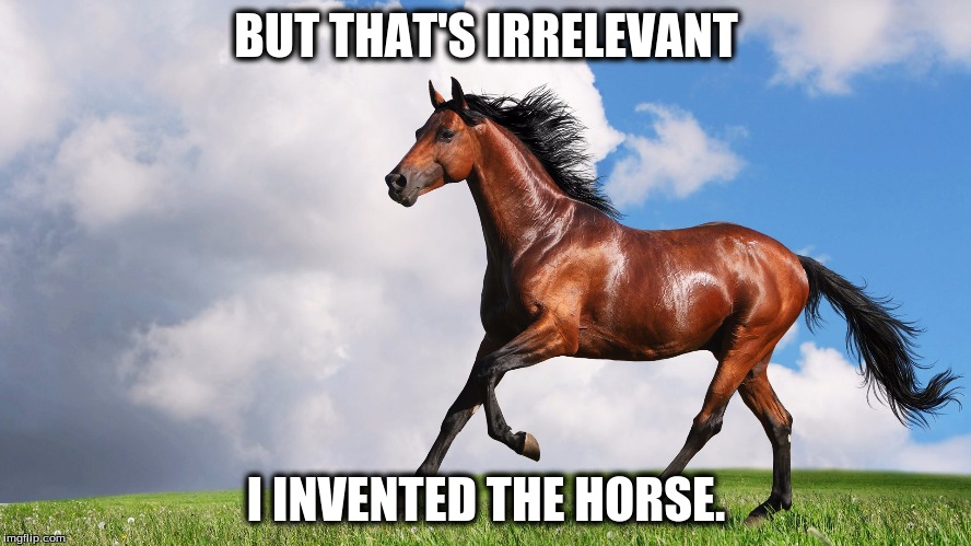 Irrelevant Horse. | BUT THAT'S IRRELEVANT; I INVENTED THE HORSE. | image tagged in horse | made w/ Imgflip meme maker
