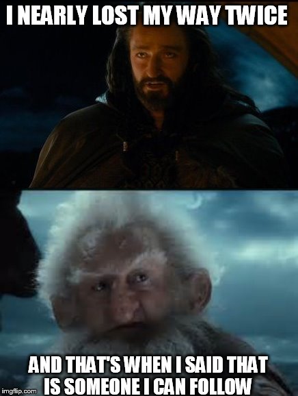 the hobbit | I NEARLY LOST MY WAY TWICE; AND THAT'S WHEN I SAID THAT IS SOMEONE I CAN FOLLOW | image tagged in the hobbit | made w/ Imgflip meme maker