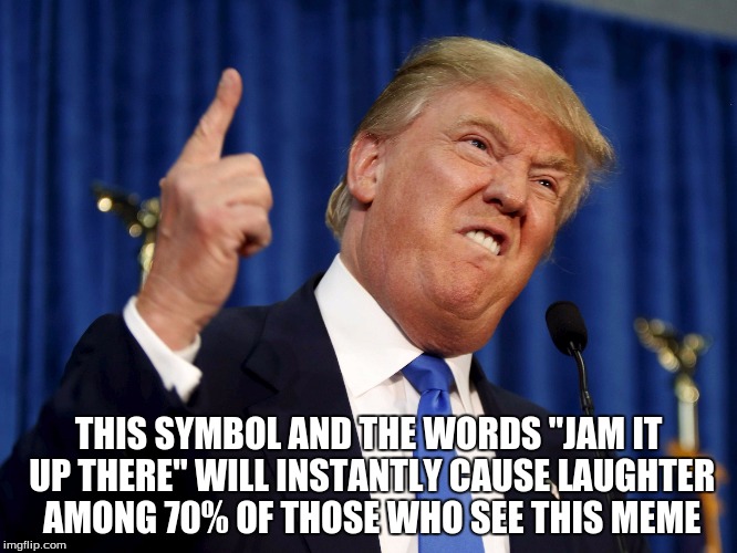 Donald Trump Raise Their Taxes | THIS SYMBOL AND THE WORDS "JAM IT UP THERE" WILL INSTANTLY CAUSE LAUGHTER AMONG 70% OF THOSE WHO SEE THIS MEME | image tagged in donald trump raise their taxes | made w/ Imgflip meme maker