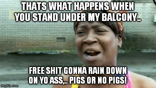 Ain't Nobody Got Time For That Meme | THATS WHAT HAPPENS WHEN YOU STAND UNDER MY BALCONY.. FREE SHIT GONNA RAIN DOWN ON YO ASS,.. PIGS OR NO PIGS! | image tagged in memes,aint nobody got time for that | made w/ Imgflip meme maker