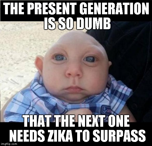 The present generation is so dumb | THE PRESENT GENERATION IS SO DUMB; THAT THE NEXT ONE NEEDS ZIKA TO SURPASS | image tagged in baby,zika virus,zika,next generation,generation | made w/ Imgflip meme maker