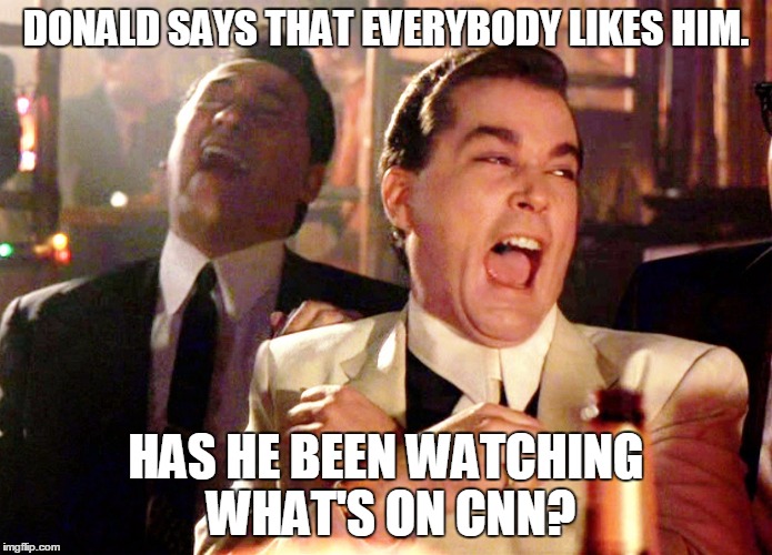 Good Fellas Hilarious Meme | DONALD SAYS THAT EVERYBODY LIKES HIM. HAS HE BEEN WATCHING WHAT'S ON CNN? | image tagged in memes,good fellas hilarious | made w/ Imgflip meme maker
