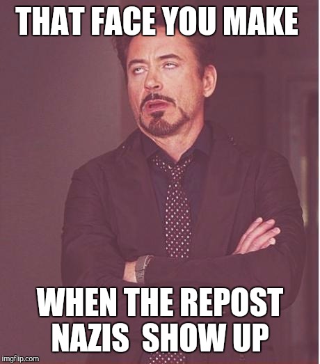Face You Make Robert Downey Jr Meme | THAT FACE YOU MAKE WHEN THE REPOST NAZIS  SHOW UP | image tagged in memes,face you make robert downey jr | made w/ Imgflip meme maker