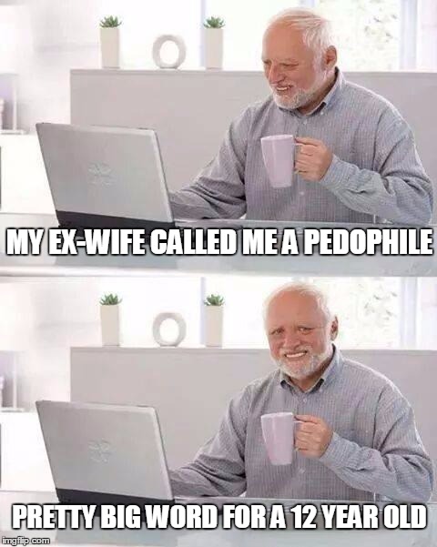 Harold wants to hide someone else's pain | MY EX-WIFE CALLED ME A PEDOPHILE; PRETTY BIG WORD FOR A 12 YEAR OLD | image tagged in memes,hide the pain harold,sick | made w/ Imgflip meme maker