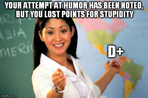 Unhelpful High School Teacher | YOUR ATTEMPT AT HUMOR HAS BEEN NOTED, BUT YOU LOST POINTS FOR STUPIDITY; D+ | image tagged in memes,unhelpful high school teacher | made w/ Imgflip meme maker