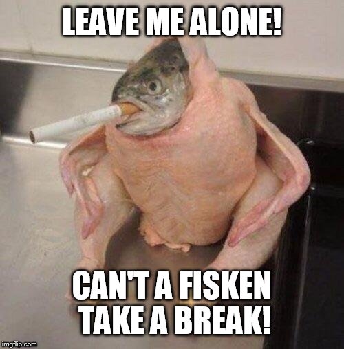 Smoking fish chicken | LEAVE ME ALONE! CAN'T A FISKEN TAKE A BREAK! | image tagged in smoking fish chicken | made w/ Imgflip meme maker