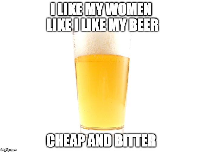 I LIKE MY WOMEN LIKE I LIKE MY BEER; CHEAP AND BITTER | image tagged in beer | made w/ Imgflip meme maker