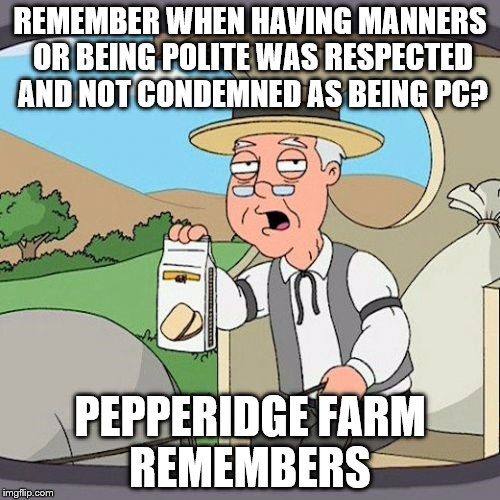 Pepperidge Farm Remembers Meme | REMEMBER WHEN HAVING MANNERS OR BEING POLITE WAS RESPECTED AND NOT CONDEMNED AS BEING PC? PEPPERIDGE FARM REMEMBERS | image tagged in memes,pepperidge farm remembers,AdviceAnimals | made w/ Imgflip meme maker