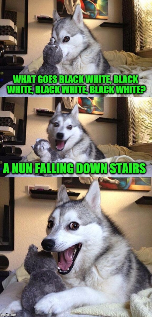 Bad Pun Dog | WHAT GOES BLACK WHITE, BLACK WHITE, BLACK WHITE, BLACK WHITE? A NUN FALLING DOWN STAIRS | image tagged in memes,bad pun dog | made w/ Imgflip meme maker