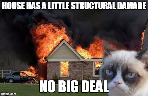 Burn Kitty | HOUSE HAS A LITTLE STRUCTURAL DAMAGE; NO BIG DEAL | image tagged in memes,burn kitty | made w/ Imgflip meme maker