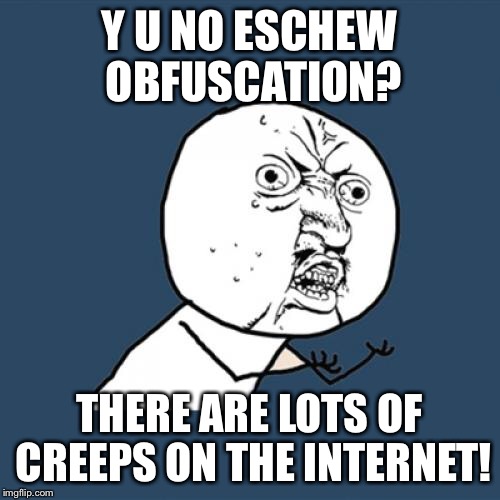 Y U No Meme | Y U NO ESCHEW OBFUSCATION? THERE ARE LOTS OF CREEPS ON THE INTERNET! | image tagged in memes,y u no | made w/ Imgflip meme maker