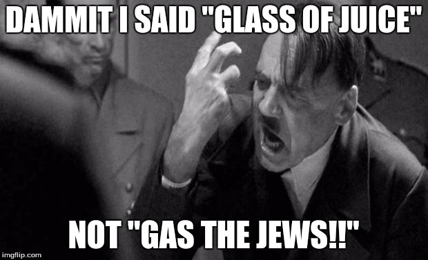 hitler | DAMMIT I SAID "GLASS OF JUICE"; NOT "GAS THE JEWS!!" | image tagged in hitler | made w/ Imgflip meme maker