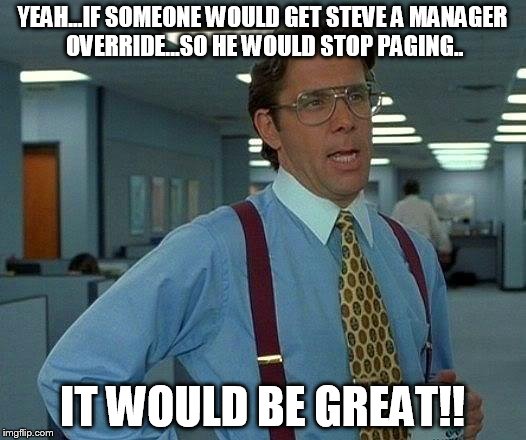 That Would Be Great | YEAH...IF SOMEONE WOULD GET STEVE A MANAGER OVERRIDE...SO HE WOULD STOP PAGING.. IT WOULD BE GREAT!! | image tagged in memes,that would be great | made w/ Imgflip meme maker