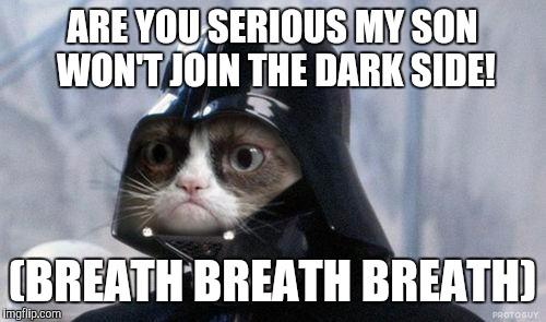 Grumpy Cat Star Wars | ARE YOU SERIOUS MY SON WON'T JOIN THE DARK SIDE! (BREATH BREATH BREATH) | image tagged in memes,grumpy cat star wars,grumpy cat | made w/ Imgflip meme maker