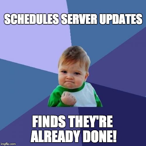 Success Kid Meme | SCHEDULES SERVER UPDATES; FINDS THEY'RE ALREADY DONE! | image tagged in memes,success kid | made w/ Imgflip meme maker