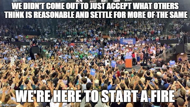 feel the bern | WE DIDN'T COME OUT TO JUST ACCEPT WHAT OTHERS THINK IS REASONABLE AND SETTLE FOR MORE OF THE SAME; WE'RE HERE TO START A FIRE | image tagged in sanders millenials | made w/ Imgflip meme maker