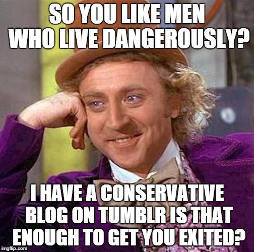 Creepy Condescending Wonka | SO YOU LIKE MEN WHO LIVE DANGEROUSLY? I HAVE A CONSERVATIVE BLOG ON TUMBLR IS THAT ENOUGH TO GET YOU EXITED? | image tagged in memes,creepy condescending wonka | made w/ Imgflip meme maker