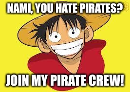 Luffy Logic | NAMI, YOU HATE PIRATES? JOIN MY PIRATE CREW! | image tagged in luffy logic | made w/ Imgflip meme maker
