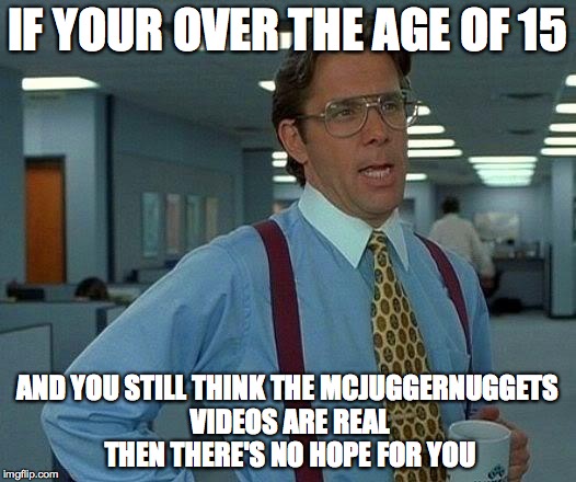 MCjuggerNuggets | IF YOUR OVER THE AGE OF 15; AND YOU STILL THINK THE MCJUGGERNUGGETS VIDEOS ARE REAL THEN THERE'S NO HOPE FOR YOU | image tagged in memes,that would be great,youtube,mcjuggernuggets,fake | made w/ Imgflip meme maker