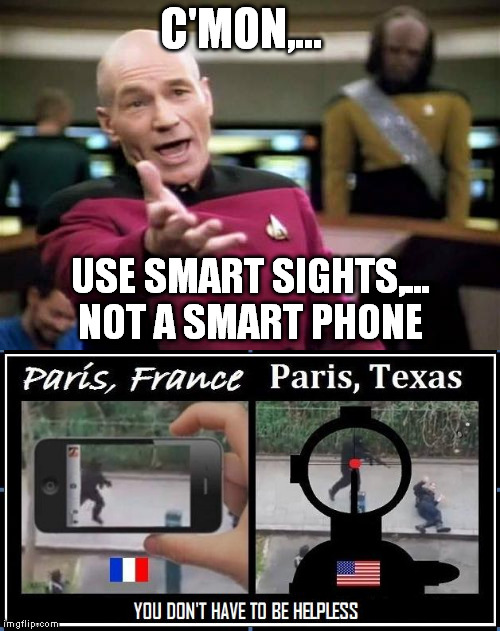 smart phones don't work | C'MON,... USE SMART SIGHTS,...  NOT A SMART PHONE | image tagged in picard wtf | made w/ Imgflip meme maker