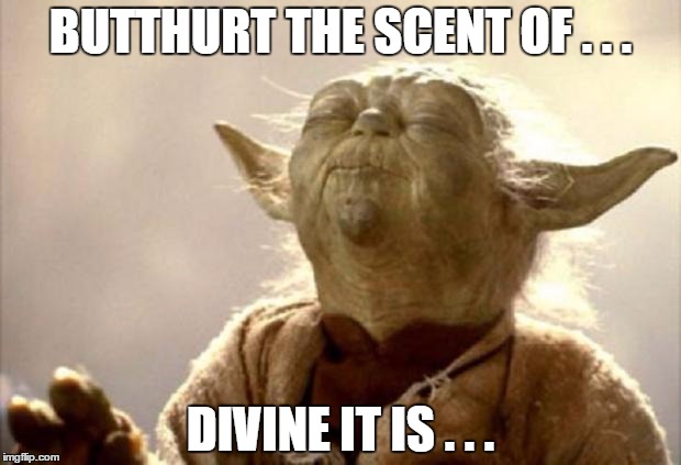 yoda smell | BUTTHURT THE SCENT OF . . . DIVINE IT IS . . . | image tagged in yoda smell | made w/ Imgflip meme maker