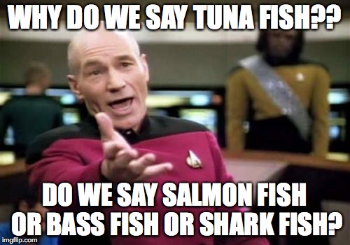 Picard Wtf Meme | WHY DO WE SAY TUNA FISH?? DO WE SAY SALMON FISH OR BASS FISH OR SHARK FISH? | image tagged in memes,picard wtf | made w/ Imgflip meme maker