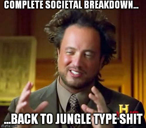 Ancient Aliens Meme | COMPLETE SOCIETAL BREAKDOWN... ...BACK TO JUNGLE TYPE SHIT | image tagged in memes,ancient aliens | made w/ Imgflip meme maker