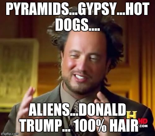 Ancient Aliens Meme | PYRAMIDS...GYPSY...HOT DOGS.... ALIENS...DONALD TRUMP... 100% HAIR | image tagged in memes,ancient aliens | made w/ Imgflip meme maker