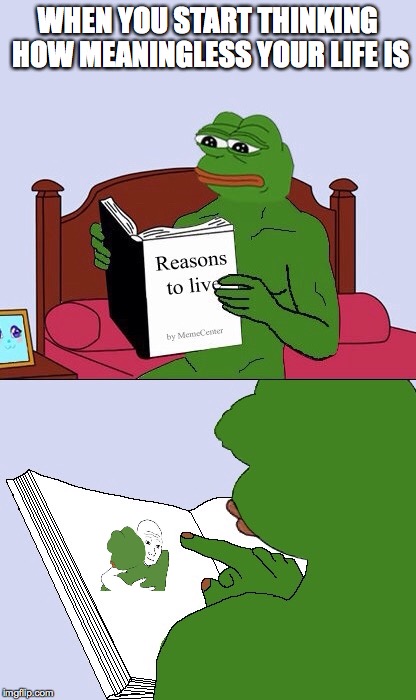 Blank Pepe Reasons to Live | WHEN YOU START THINKING HOW MEANINGLESS YOUR LIFE IS | image tagged in blank pepe reasons to live | made w/ Imgflip meme maker