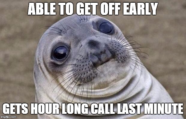 Awkward Moment Sealion | ABLE TO GET OFF EARLY; GETS HOUR LONG CALL LAST MINUTE | image tagged in memes,awkward moment sealion | made w/ Imgflip meme maker