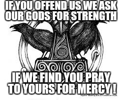 IF YOU OFFEND US WE ASK OUR GODS FOR STRENGTH; IF WE FIND YOU PRAY TO YOURS FOR MERCY ! | image tagged in mjolnir | made w/ Imgflip meme maker