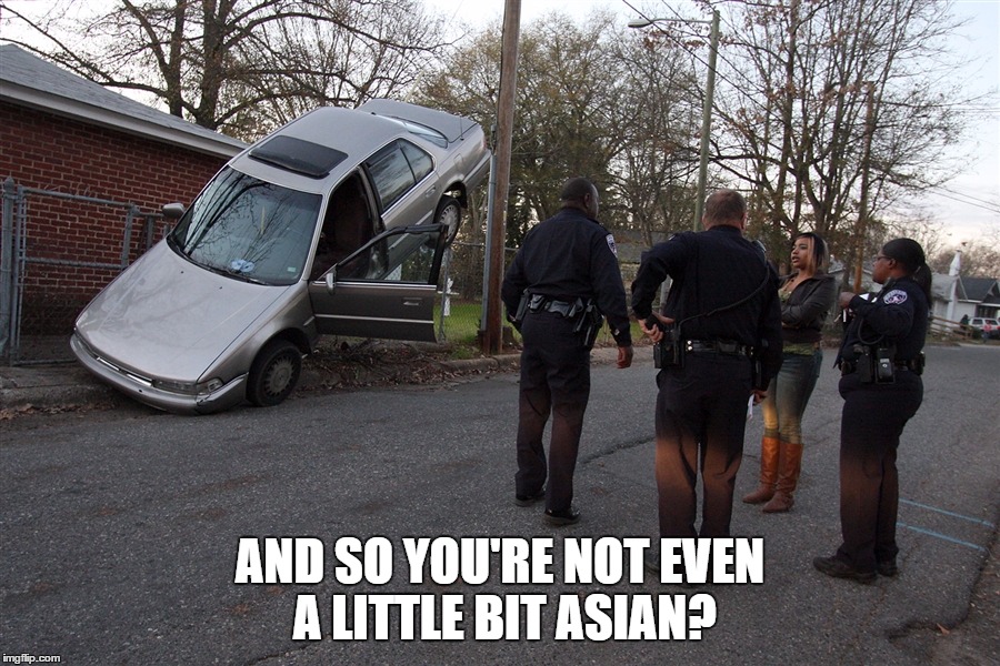 Braking, The Stereotypes | AND SO YOU'RE NOT EVEN A LITTLE BIT ASIAN? | image tagged in funny,asian,bad drivers,cops,car accident,racial stereotypes | made w/ Imgflip meme maker