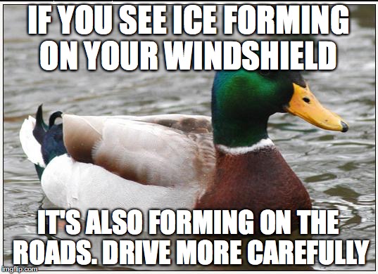 Actual Advice Mallard Meme | IF YOU SEE ICE FORMING ON YOUR WINDSHIELD; IT'S ALSO FORMING ON THE ROADS. DRIVE MORE CAREFULLY | image tagged in memes,actual advice mallard | made w/ Imgflip meme maker