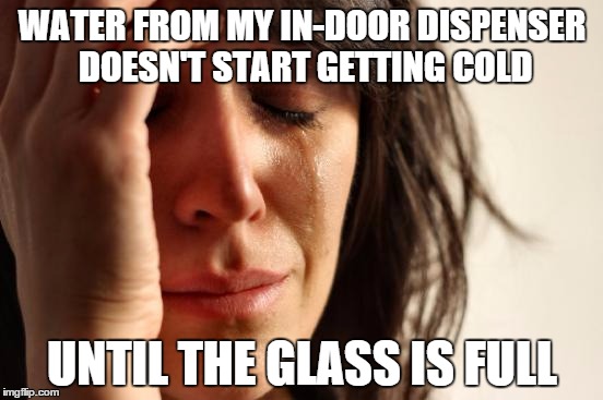 First World Problems | WATER FROM MY IN-DOOR DISPENSER DOESN'T START GETTING COLD; UNTIL THE GLASS IS FULL | image tagged in memes,first world problems,AdviceAnimals | made w/ Imgflip meme maker