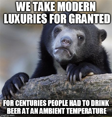 I just love seeing the ice on taps in pubs | WE TAKE MODERN LUXURIES FOR GRANTED; FOR CENTURIES PEOPLE HAD TO DRINK BEER AT AN AMBIENT TEMPERATURE | image tagged in memes,confession bear,beer,luxurious,refrigerator,warm weather | made w/ Imgflip meme maker
