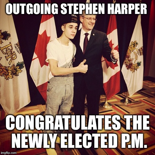 OUTGOING STEPHEN HARPER CONGRATULATES THE NEWLY ELECTED P.M. | made w/ Imgflip meme maker