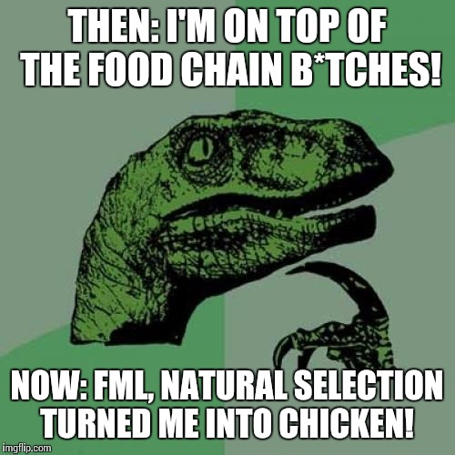 Philosoraptor | THEN: I'M ON TOP OF THE FOOD CHAIN B*TCHES! NOW: FML, NATURAL SELECTION TURNED ME INTO CHICKEN! | image tagged in memes,philosoraptor | made w/ Imgflip meme maker