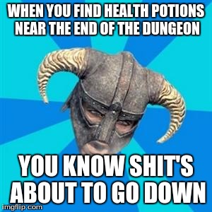Skyrim meme | WHEN YOU FIND HEALTH POTIONS NEAR THE END OF THE DUNGEON; YOU KNOW SHIT'S ABOUT TO GO DOWN | image tagged in skyrim meme | made w/ Imgflip meme maker