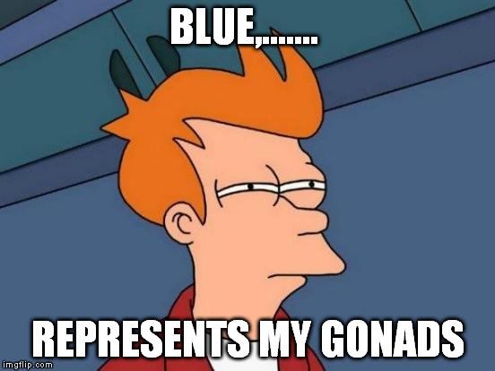 Futurama Fry Meme | BLUE,....... REPRESENTS MY GONADS | image tagged in memes,futurama fry | made w/ Imgflip meme maker