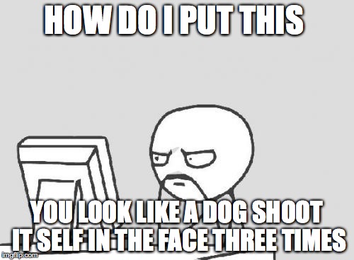 Computer Guy | HOW DO I PUT THIS; YOU LOOK LIKE A DOG SHOOT IT SELF IN THE FACE THREE TIMES | image tagged in memes,computer guy | made w/ Imgflip meme maker