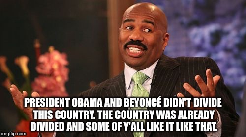 Steve Harvey Meme | PRESIDENT OBAMA AND BEYONCÉ DIDN'T DIVIDE THIS COUNTRY. THE COUNTRY WAS ALREADY DIVIDED AND SOME OF Y'ALL LIKE IT LIKE THAT. | image tagged in memes,steve harvey | made w/ Imgflip meme maker