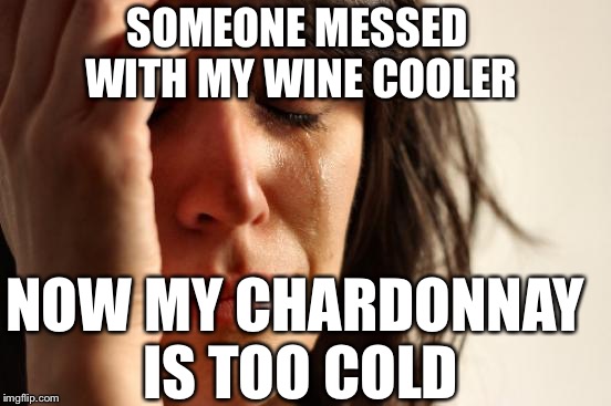 First World Problems Meme | SOMEONE MESSED WITH MY WINE COOLER NOW MY CHARDONNAY IS TOO COLD | image tagged in memes,first world problems | made w/ Imgflip meme maker