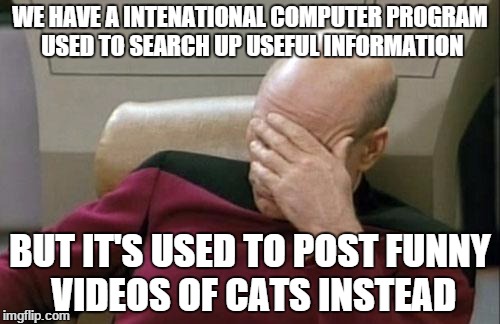 Captain Picard is disappointed with society | WE HAVE A INTENATIONAL COMPUTER PROGRAM USED TO SEARCH UP USEFUL INFORMATION; BUT IT'S USED TO POST FUNNY VIDEOS OF CATS INSTEAD | image tagged in memes,captain picard facepalm | made w/ Imgflip meme maker