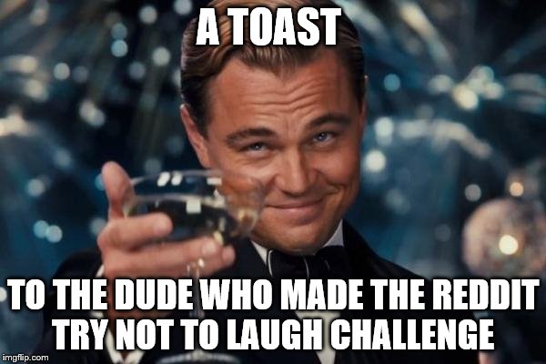Leonardo Dicaprio Cheers Meme | A TOAST; TO THE DUDE WHO MADE THE REDDIT TRY NOT TO LAUGH CHALLENGE | image tagged in memes,leonardo dicaprio cheers | made w/ Imgflip meme maker