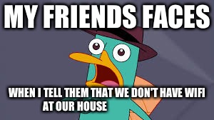 Perry amazed  | MY FRIENDS FACES; WHEN I TELL THEM THAT WE DON'T HAVE WIFI AT OUR HOUSE | image tagged in perry amazed | made w/ Imgflip meme maker