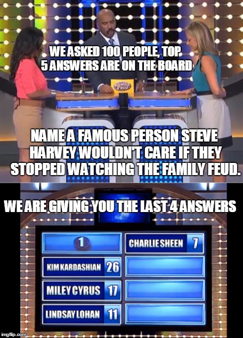 WE ASKED 100 PEOPLE, TOP 5 ANSWERS ARE ON THE BOARD NAME A FAMOUS PERSON STEVE HARVEY WOULDN'T CARE IF THEY STOPPED WATCHING THE FAMILY FEUD | made w/ Imgflip meme maker