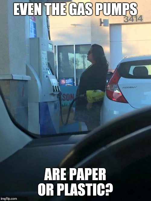 Stumped at the Pump | EVEN THE GAS PUMPS; ARE PAPER OR PLASTIC? | image tagged in gas,pump,stop acting so stupidd | made w/ Imgflip meme maker