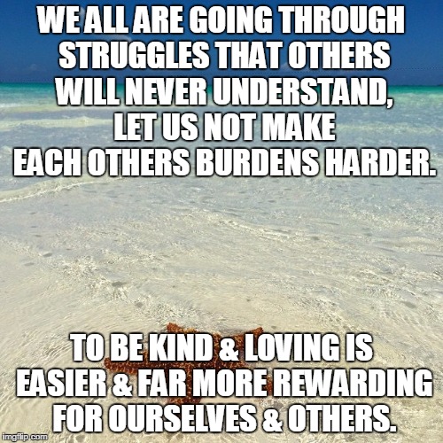 lone star fish | WE ALL ARE GOING THROUGH STRUGGLES THAT OTHERS WILL NEVER UNDERSTAND, LET US NOT MAKE EACH OTHERS BURDENS HARDER. TO BE KIND & LOVING IS EASIER & FAR MORE REWARDING FOR OURSELVES & OTHERS. | image tagged in lone star fish | made w/ Imgflip meme maker