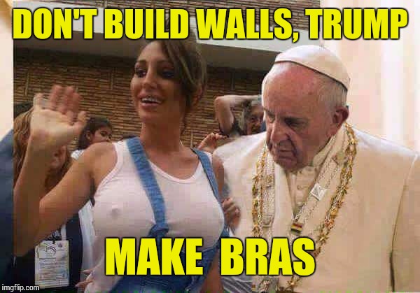 Pope Calls Out Trump | DON'T BUILD WALLS, TRUMP; MAKE  BRAS | image tagged in pope francis big tits,donald trump | made w/ Imgflip meme maker
